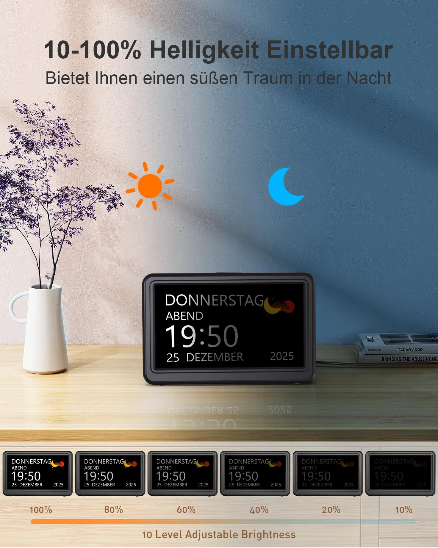 Roxicosly Digitaler Kalender, Elektronischer Tag Datum Wecker, Digital Uhr mit 20 Benutzerdefinierte Erinnerungen, 20 Wecker, 12 Themen, 10 Stufen Dimmer, 7 Zoll, Demenz Uhr für Senioren (Netzbetrieb) 3
