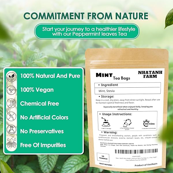 NHAT ANH FARM – PREMIUM PEPPERMINT TEA BAGS, 40 PEPPERMINT TEA BAGS, 100% NATURAL DRIED MINT LEAVES, NATURALLY SWEET HERBAL TEA, SUGAR-FREE, CAFFEINE-FREE, NO ADDITIVES.