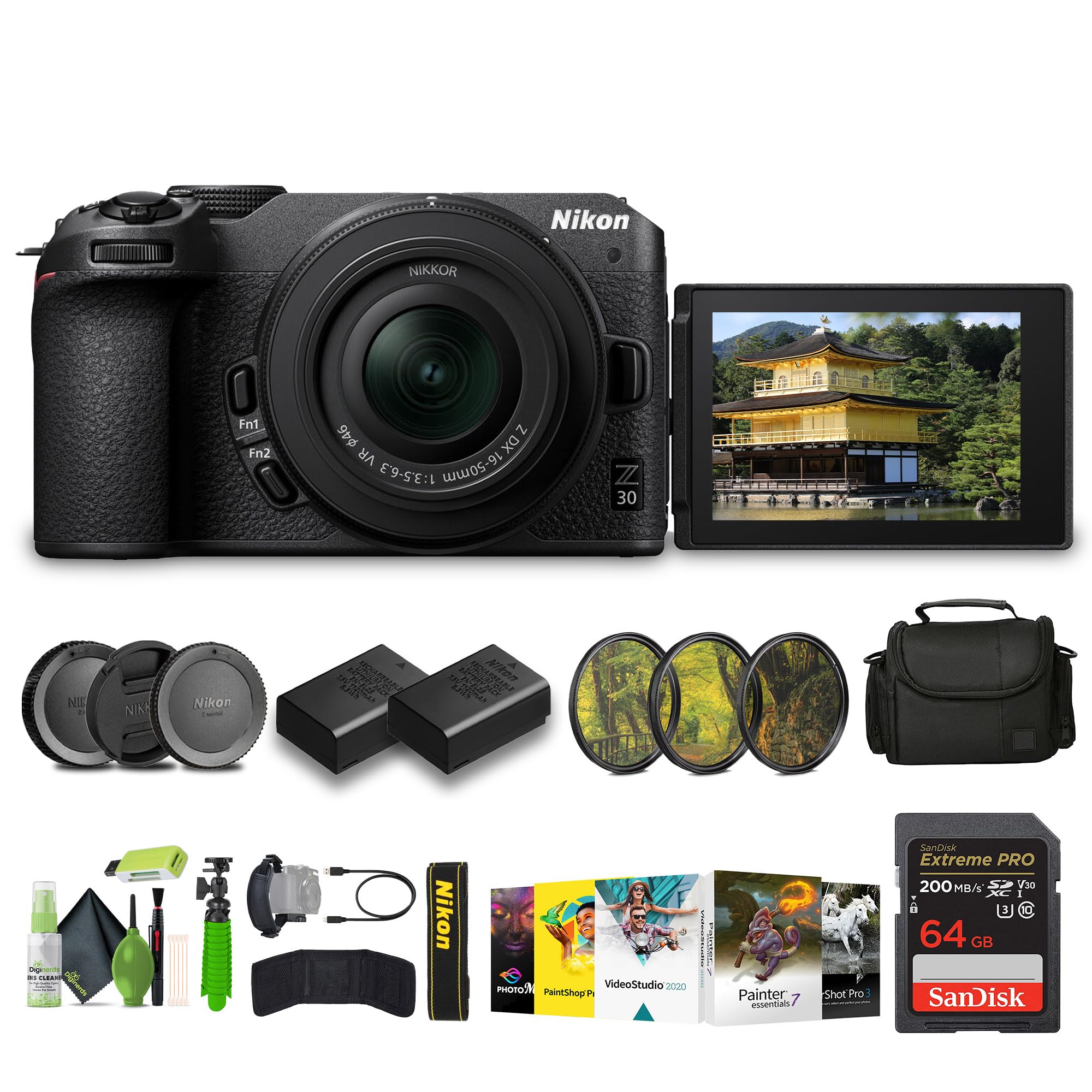Nikon Z30 Lightweight Mirrorless Camera with 16-50mm Zoom Lens + ENEL25 Replacement Battery + Memory Card Wallet + Extreme PRO 64GB Card + Hand Strap + UV Lens Filter + Photo Editing Software + More