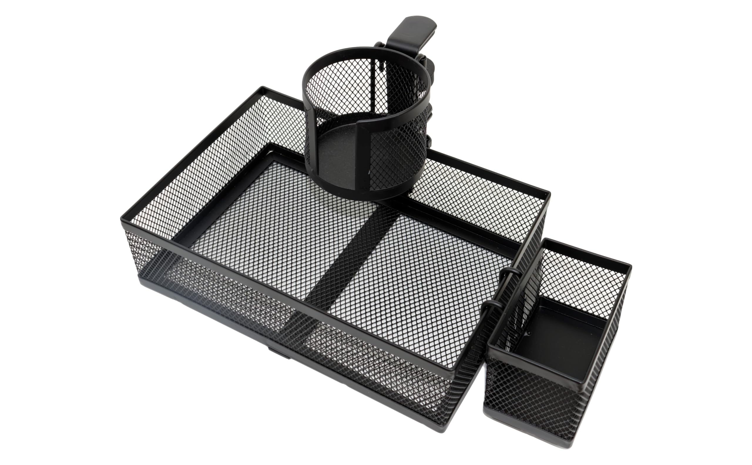 DESKORGA 360° Rotating Desk Organiser - Solid Metal Mesh Storage (25 x 17 x 7 cm) - Phone Holder, Cup, Cables - Ideal for Teleworking, Gaming, Students