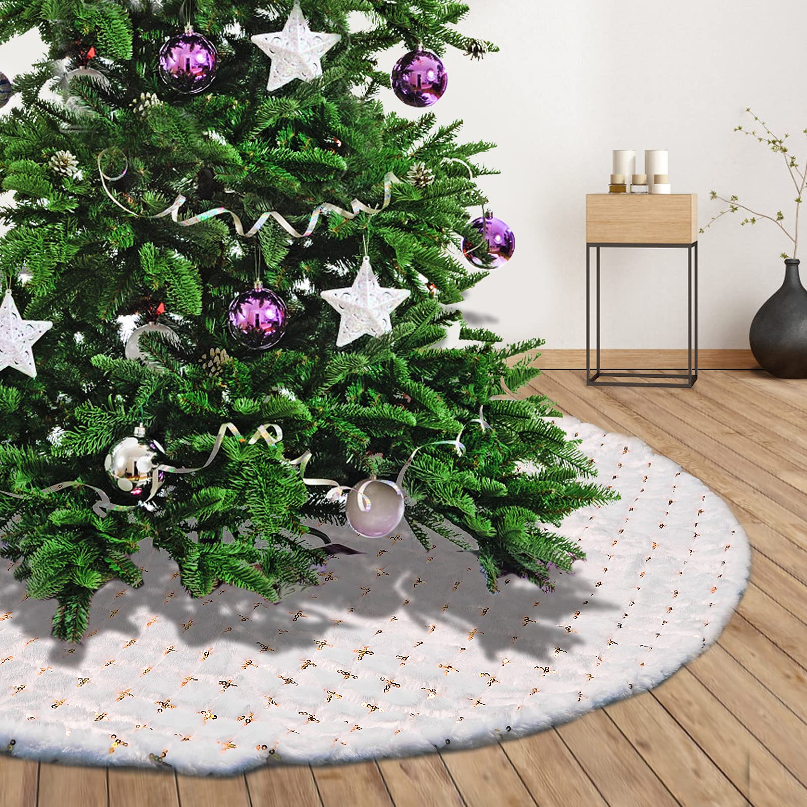 DecroXmas Christmas Tree Skirt 30 Inches Blue Faux Fur With Sliver Glitter Snowflake Xmas Tree Mat Base for New Year Party Decoration (Golden cross, 48 inches)