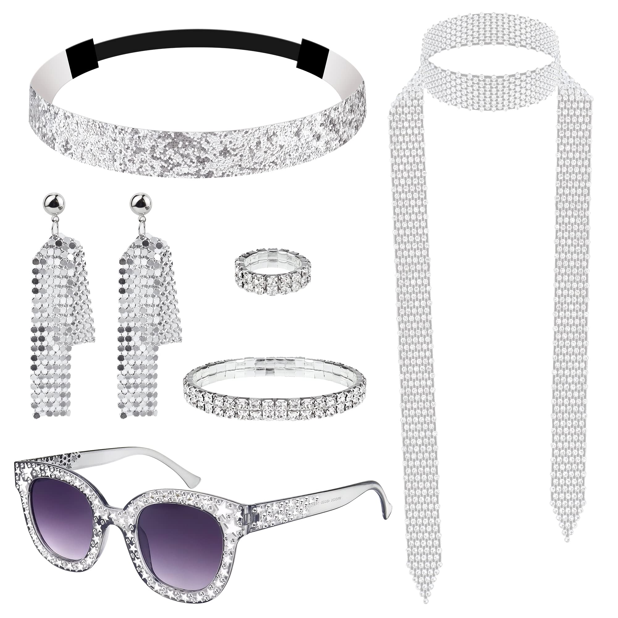 Baanfly 7Pcs 1970s Disco Accessories Women Set Bling Earrings Neckscarf Bracelet Ring Sequin Headband Sunglasses Hippie Costume Fancy Jewelry Kits for Girls 70s Theme Dance Party Abba, Silver