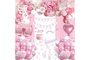 Pink Bow Birthday Decorations, Coquette Party Decoration Set with Happy Birthday Banner, Pastel Light Pink White Bow Latex Ba