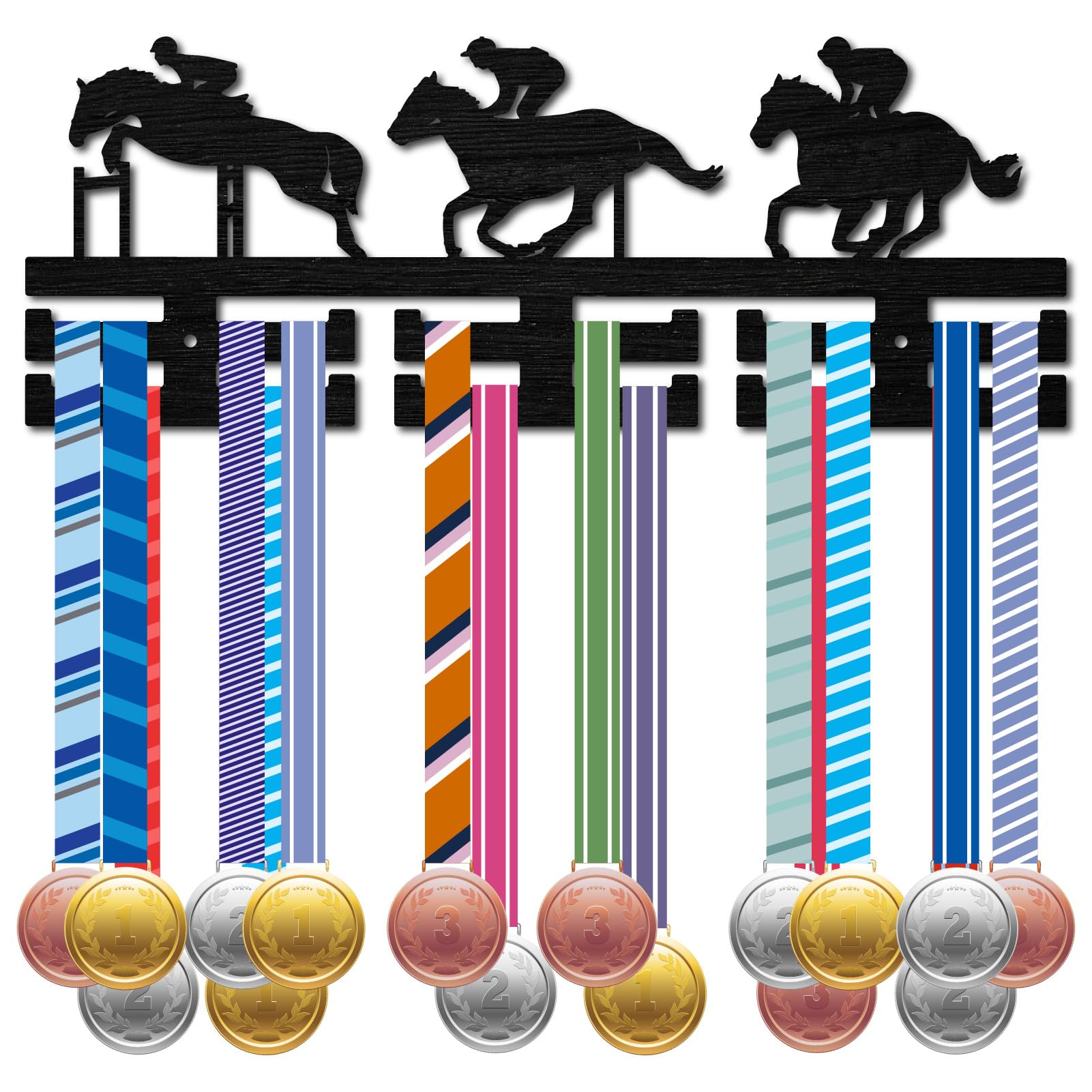 CREATCABIN Horse Medal Hanger Display Medal Holder Equestrian Horsemanship Sports Competition Awards Ribbons Organizer Black Wood Mount Decor Rack Frame for Wall Hanging Players Athletes 15.7x5.9Inch
