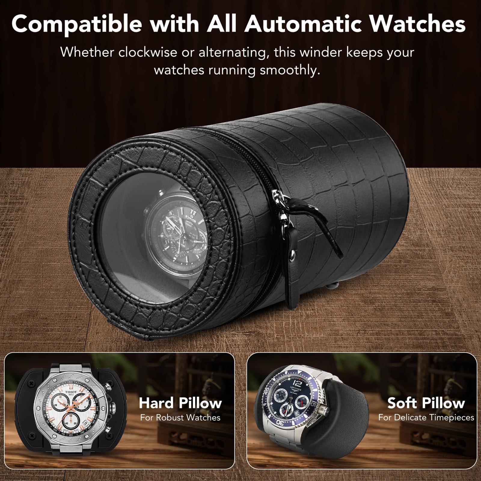 Single Watch Winder for Automatic Watches – Silent Motor, Battery and AC Adapter Powered, 2 Rotating Modes, Portable Watch Winders with Acrylic Window – Automatic Watch Winder Box for Men & Women