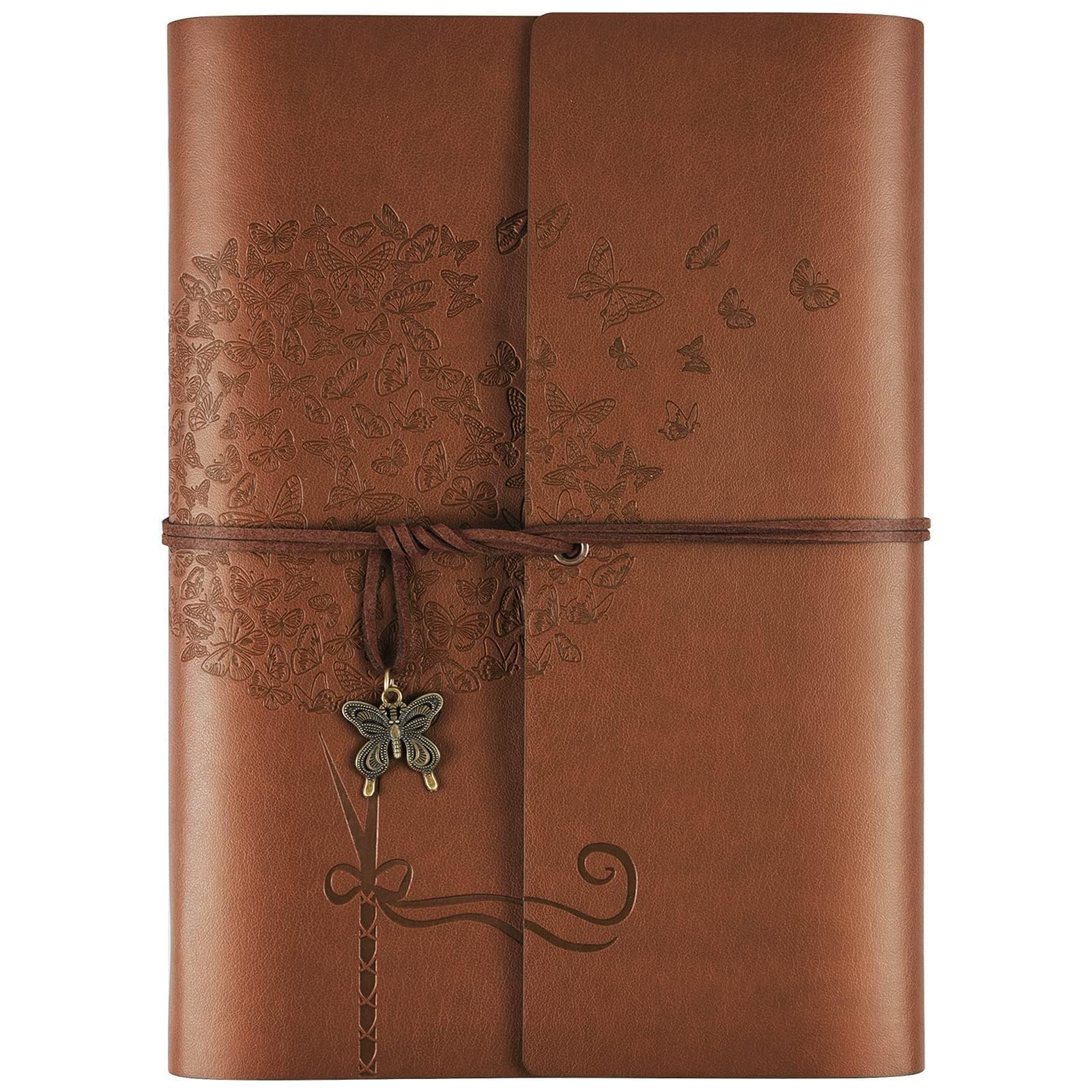 OMEYA Leather Journal Notebook, travel journals for women, refillable butterfly notebook lined personal diary writing notebook gifts A5 16.5 x 23.4cm (brown)