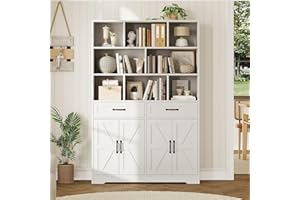 71inch Tall Bookcase, 6 Tier Large Bookshelf with 8 Open Cubbies 2 Drawers and 4 Doors, Wood Display Cabinet Book Storage Org