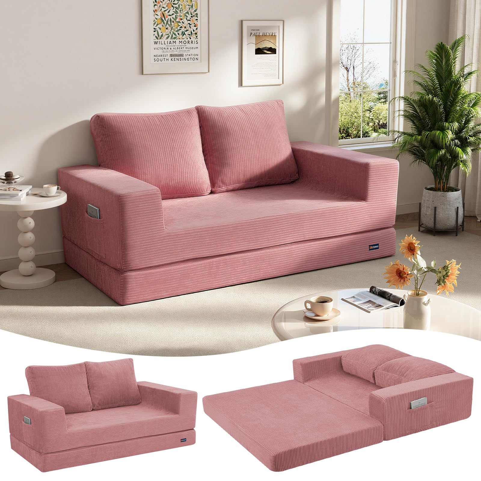 COMAX Convertible Sofa Bed Queen, Folding Fold Out Couch Bed, Floor Futon Couch Corduroy Sleeper Mattress with Back Pillows, Boneless Sofa Comfy Lounge Loveseat for Living Room Bedroom, Pink