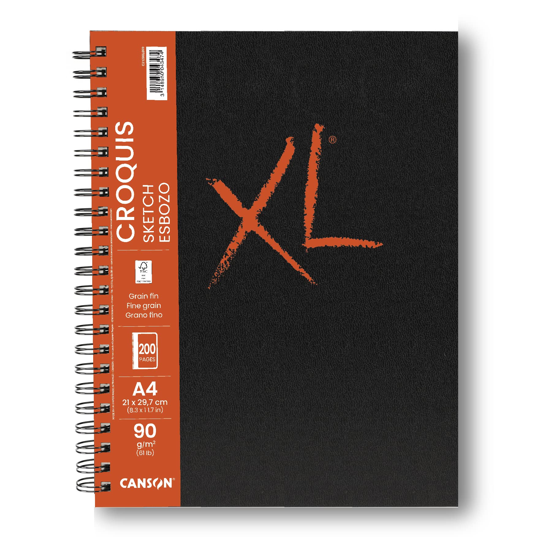 CANSON XL Sketch 90gsm A4 Paper, Fine Grain, Spiral Pad Long Side, 100 Sheets, For Professional Artists & Students, white