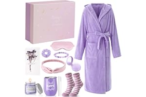 Nuogo 11 Pcs Birthday Gift for Women Spa Gift Baskets for Women Care Get Well Care Package Bathrobe Candle Socks Tumbler Bracelet Eye Mask Headband Scrunchie for Mom Her Wife Friend Grandma