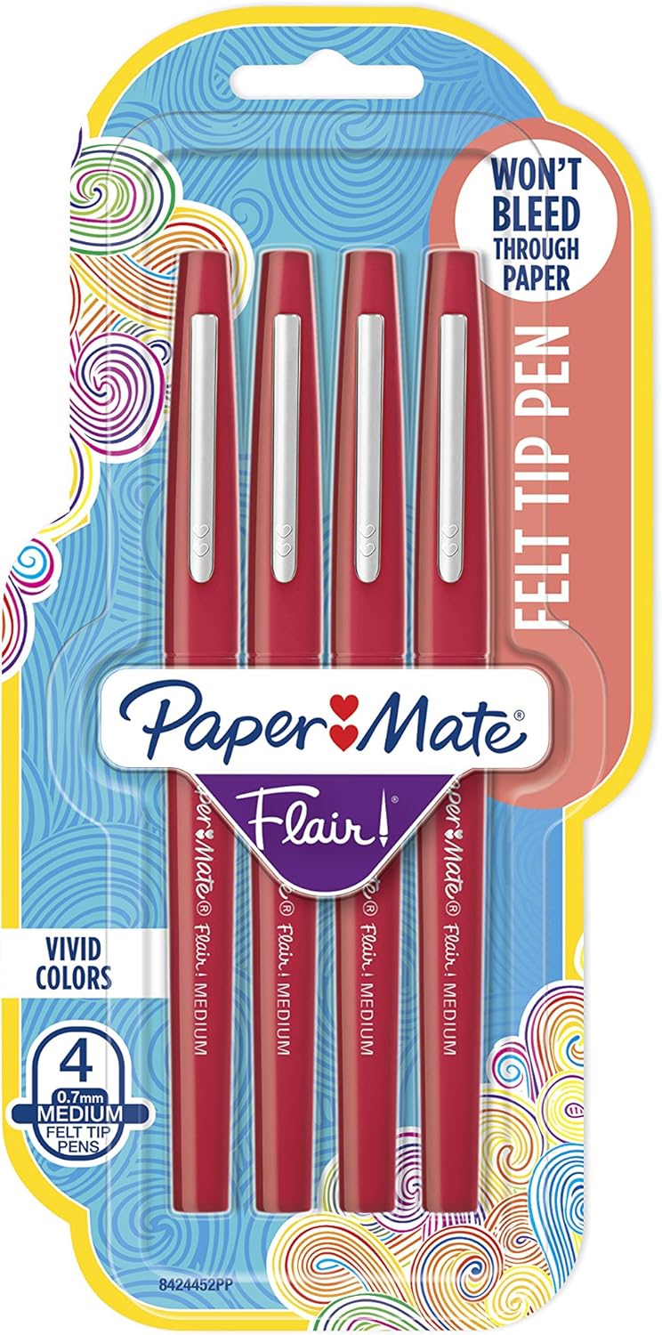 Paper Mate Flair Felt Tip Pens, Medium Point (0.7mm), Red, 4 Count