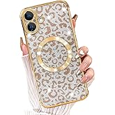 Fiyart Designed for iPhone 16 Plus Case,Compatible with MagSafe Cheetah Print Plating Camera Protection Magnetic Clear Glitter Leopard Print Shockproof Phone Bumper for Women Girls 6.7"-Gold