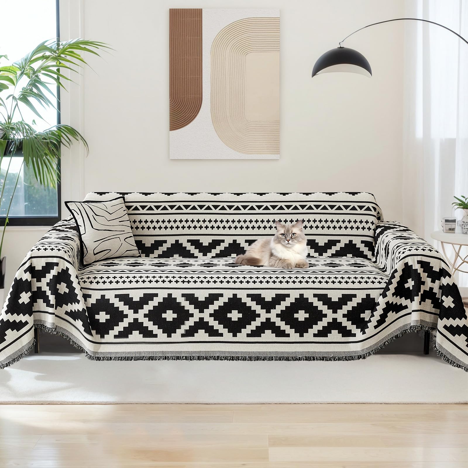 LiveGo Chenille AB Double-Sided Sofa Cover for 3 Seater, Soft Non-Slip Slipcover with Tassel, All-Season Washable Couch Protector for Dogs, Decorative Futon & L Shaped Sofa Cover (Black, 180×300 cm)
