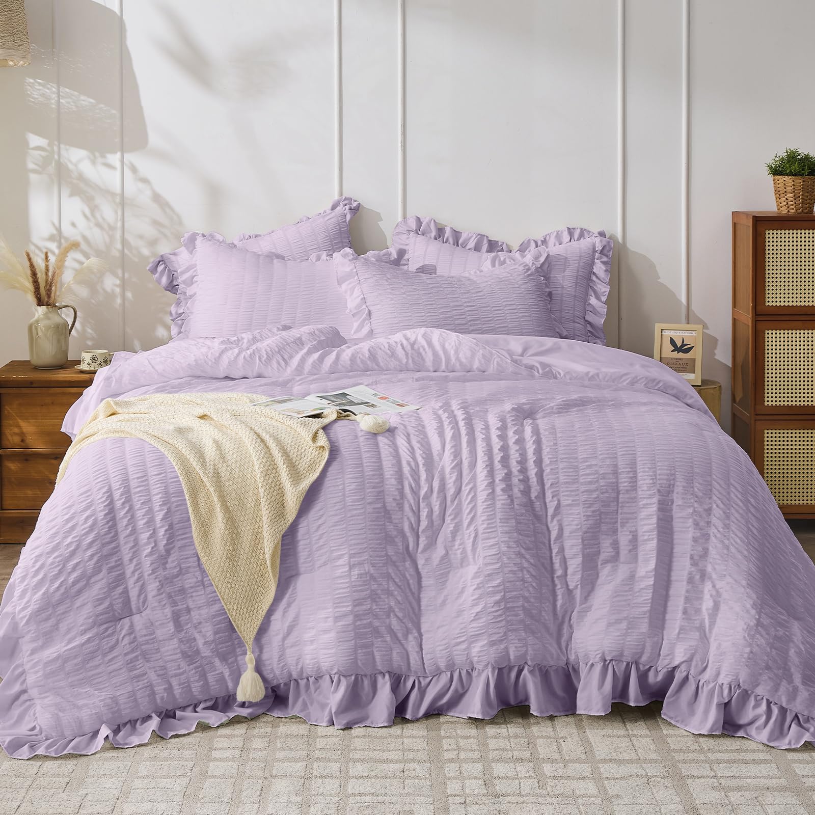 Photo 1 of JOLLYVOGUE Lavender Twin Size Comforter Set, 2 Pieces Seersucker Lightweight Fluffy Bedding Set, Twin Ruffle Comforter, All Season Soft Microfiber Shabby Chic Bed Set