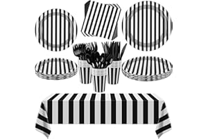 durony 113 Pieces Black and White Striped Party Supplies Table Decorations Includes Paper Napkins Cups Plates Knives Forks Spoons Tablecloth Disposable Tableware Set for Birthday Graduation Wedding