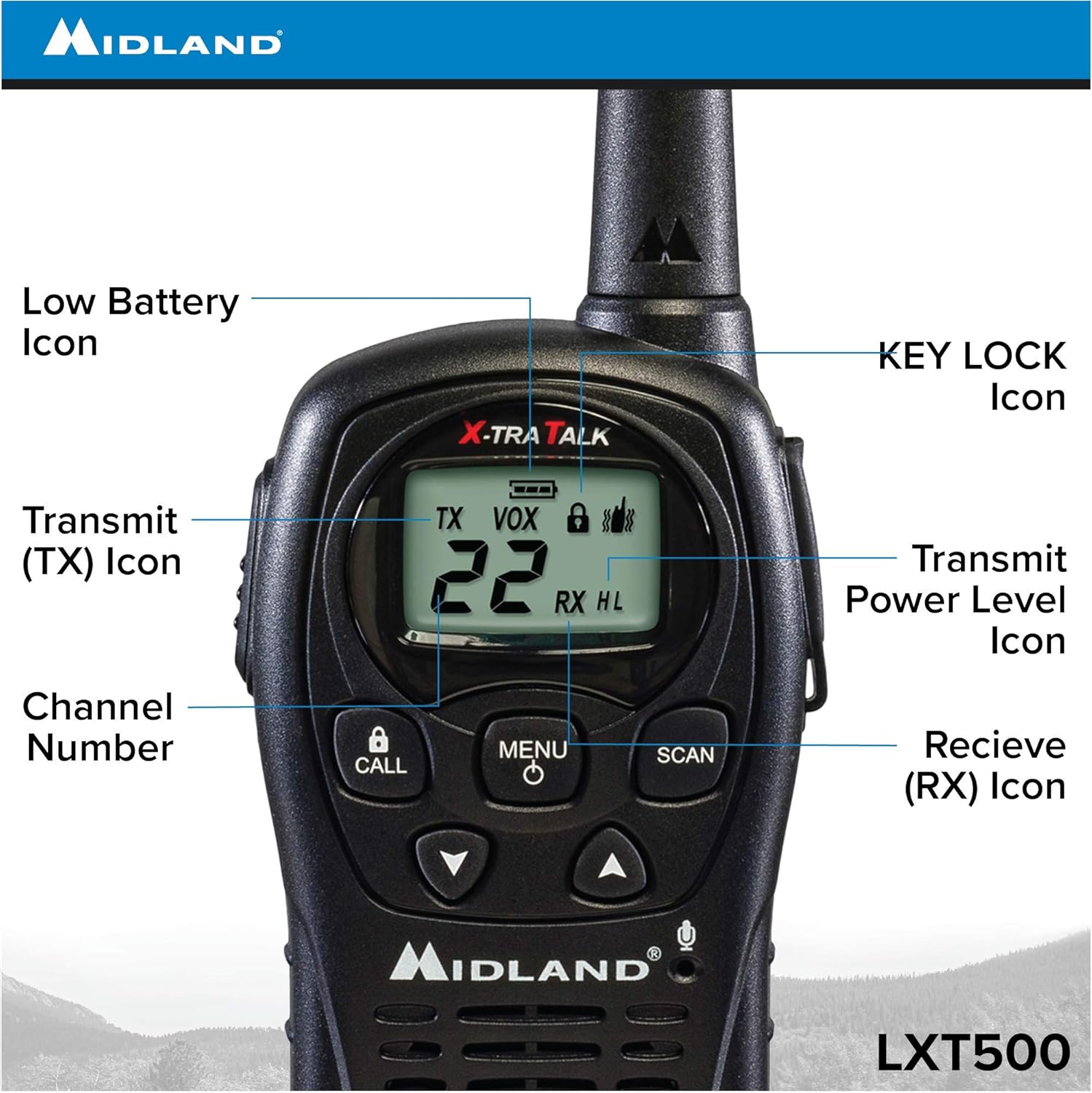 Midland - LXT500VP3, 22 Channel FRS Walkie Talkies with Channel Scan - Extended Range Two Way Radios, Silent Operation, Batteries Included (Pair Pack) (Black)
