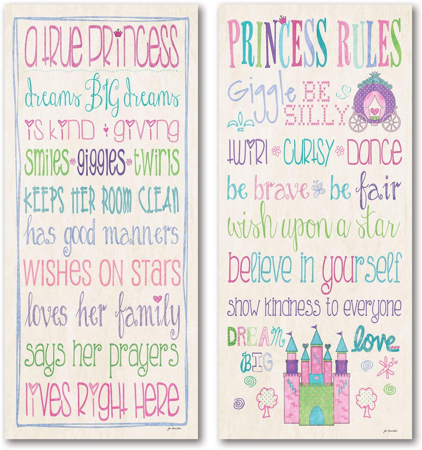 Adorable Princess Rules and A True Princess Set; Great for a Child's Room or Nursery; Two 8x18in Poster Print. Pink/Teal/Purple