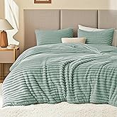 EXQ Home Fluffy Comforter Set Queen Size Super Soft Faux Fur Stripe Jacquard Comforter 3 Pieces, Sage Green Fleece Bedding Set,Winter Warm Bed Set,1 Comforter with 2 Pillowcases