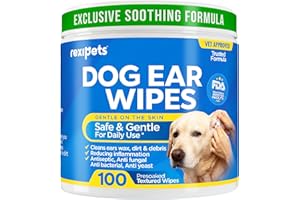 REXIPETS Dog Ear Wipes - 100 Extra Large Cleaner Wipes, Ear Wax Cleaner, Stop Itching Pads for Dogs and Cats - Removes Ear Wax and Dirt, Relieve Ear Inflammation - Pet Friendly Wipes