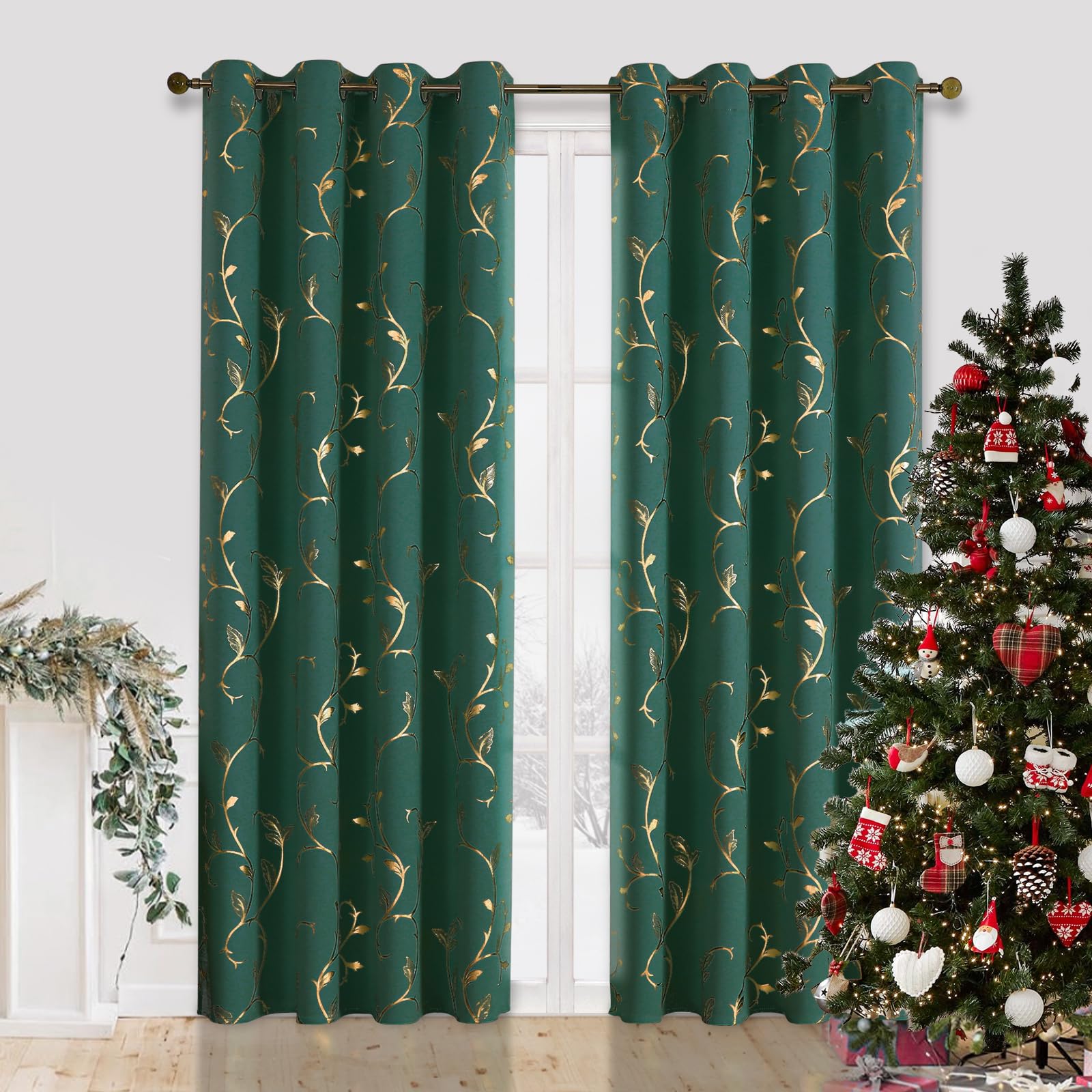 BUHUA Green Blackout Curtains Christmas Gold Foil Thermal Insulated Curtains with Eyelets Set of 2 Curtains H 137 x W 132 cm — image 1