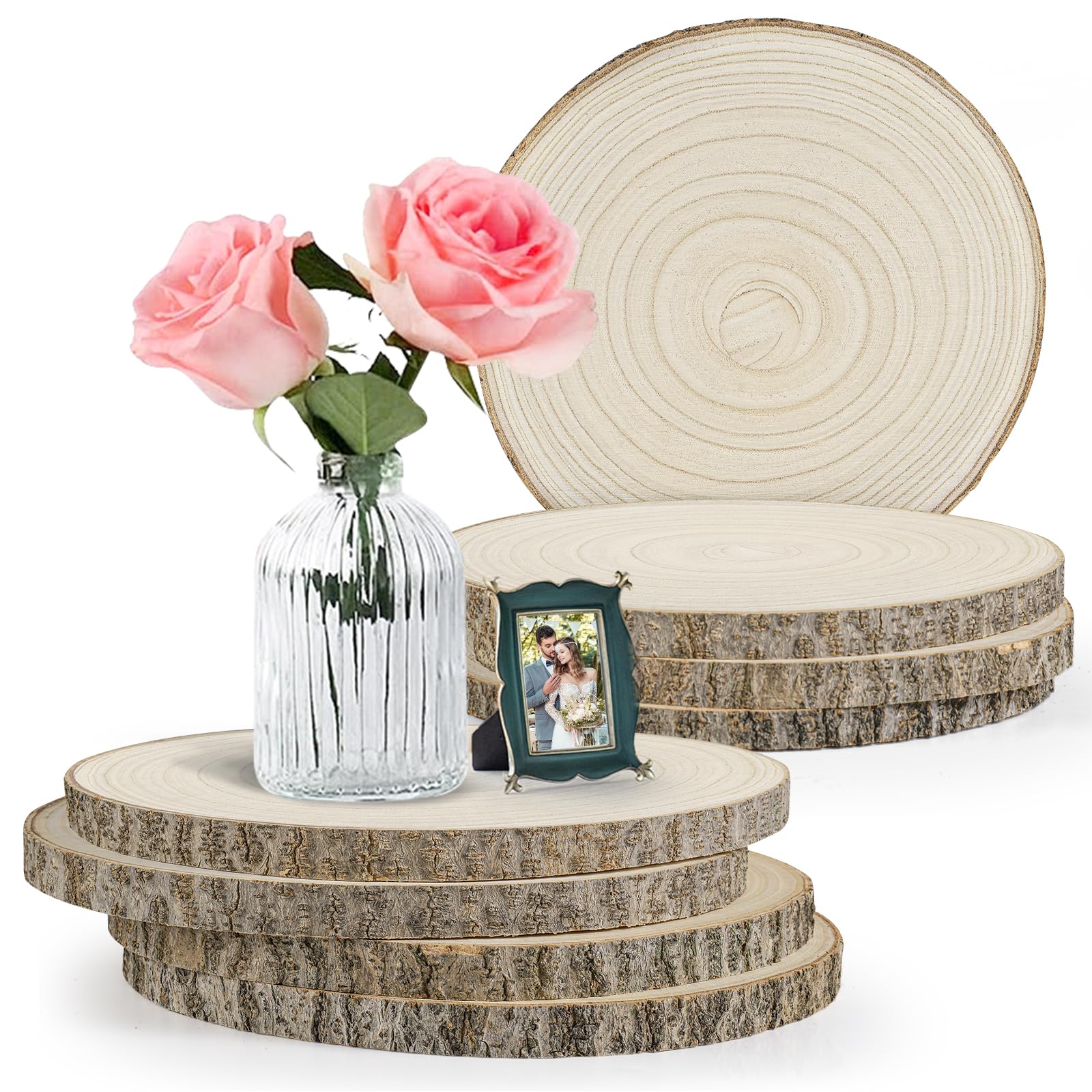 Photo 1 of 8 Pack Large Wood Slices 10-11 Inch Natural Wood Rounds Wood Centerpieces for Tables Round Wooden Discs for Wedding, Baby Shower, DIY Crafts, Wood Chargers, Home Decor