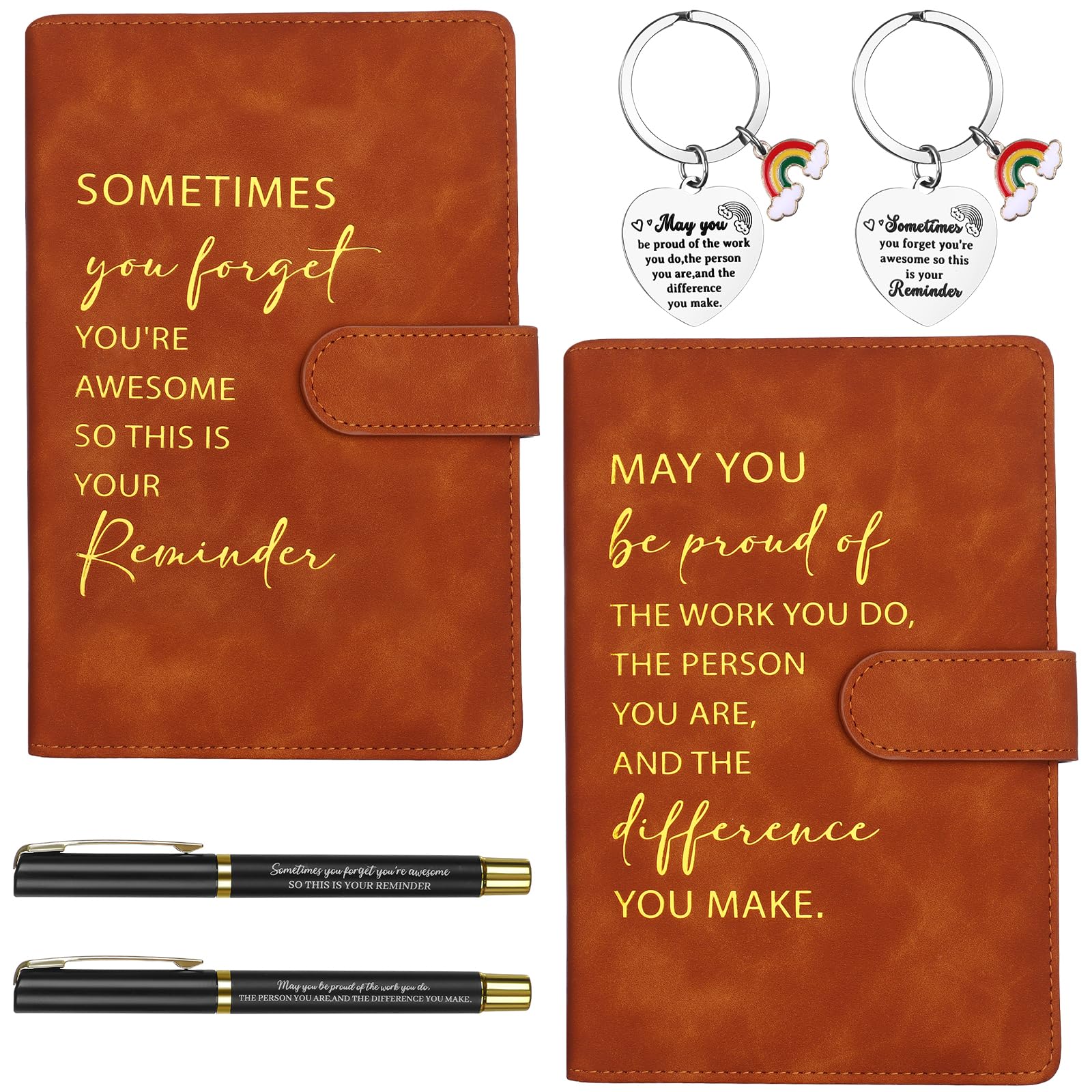HAOWANWW 2 Set Inspirational A5 Leather Notebook Pen Keyring Journal Notebook Bulk Employee Teacher Appreciation Gift Friendship Leaving New Job Gift for Colleagues Women Men Coworker Nurse(Brown)