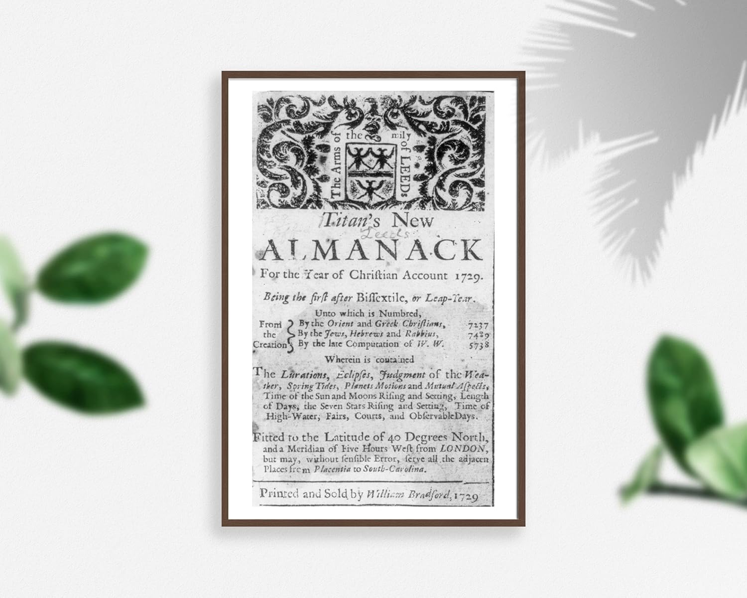 Photographs - INFINITE PHOTOGRAPHS Photo: Page from 18th Century Almanac, Titan's New Almanack, 1729, Arms of Family Leeds