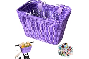 RAINFLOWWER Kids Bike Basket Front, Kids Scooter Basket, Cute Square Wicker Bicycle Basket for Boys Girls, Detachable Handlebar with Adjustable Leather Straps