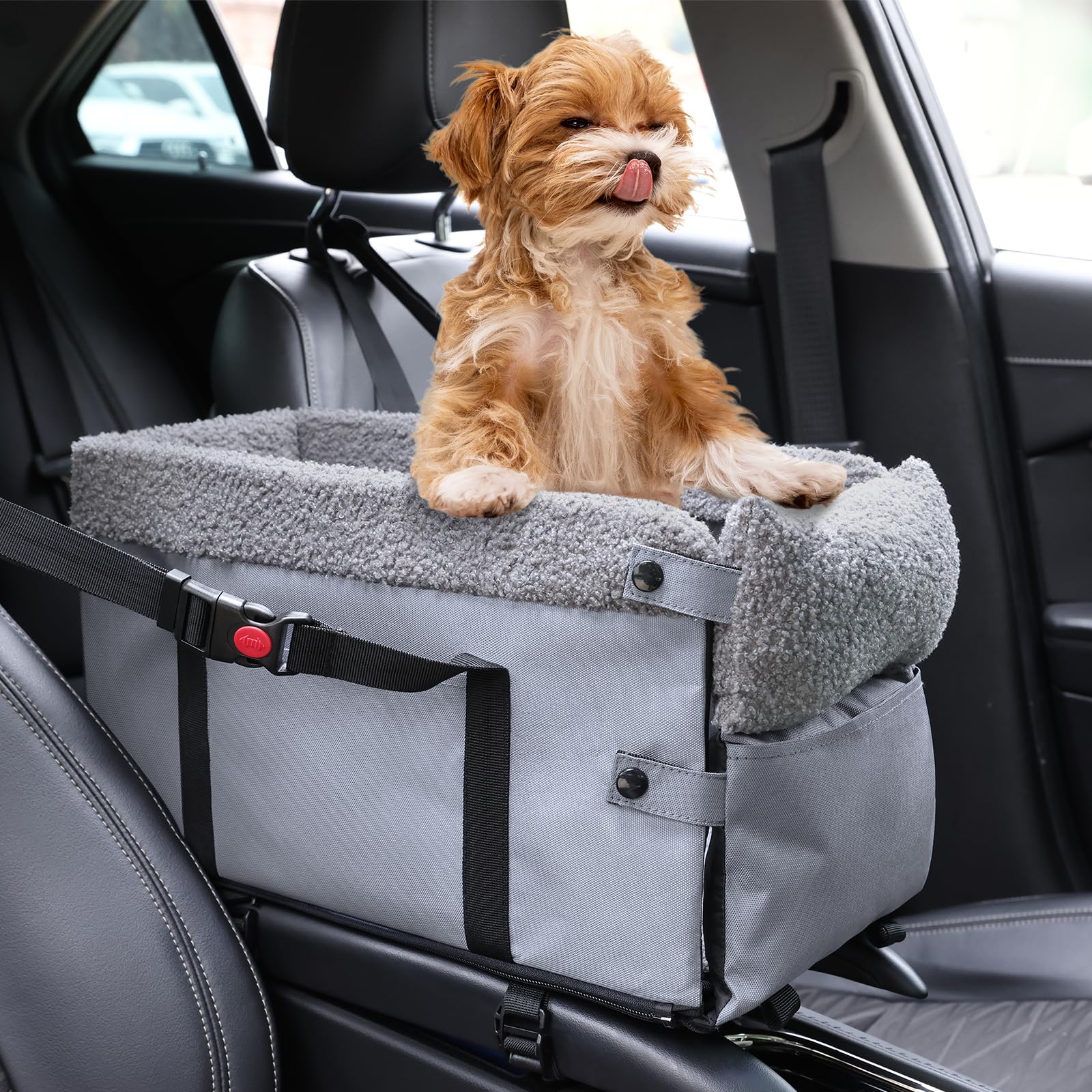 Photo 1 of Console Dog Car Seat for Small Dogs,Small Dog Booster Seat for Car Washable Foldable Puppy Car Seat with Safe Protection Hooks Adjustable Straps and Storage Pocket Pet Up to 15lbs