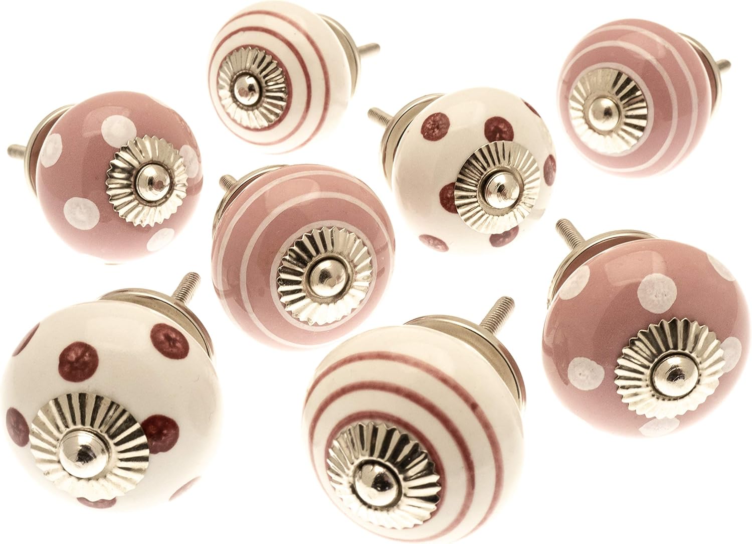 Mango Tree Cupboard Knobs, Decorative Pastel Pink and White with Dots, Spots and Stripes Ceramic Door and Drawer Handles