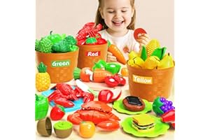 BLMUKCE Toddler Toys Play Food Set, Learning Toy Cutting Food with Color Sorting Basket, Pretend Play Kitchen for Toddler 1-3 Preschool Learning Activities Montessori Toys for 1 2 3 Year Old Toddlers Kids