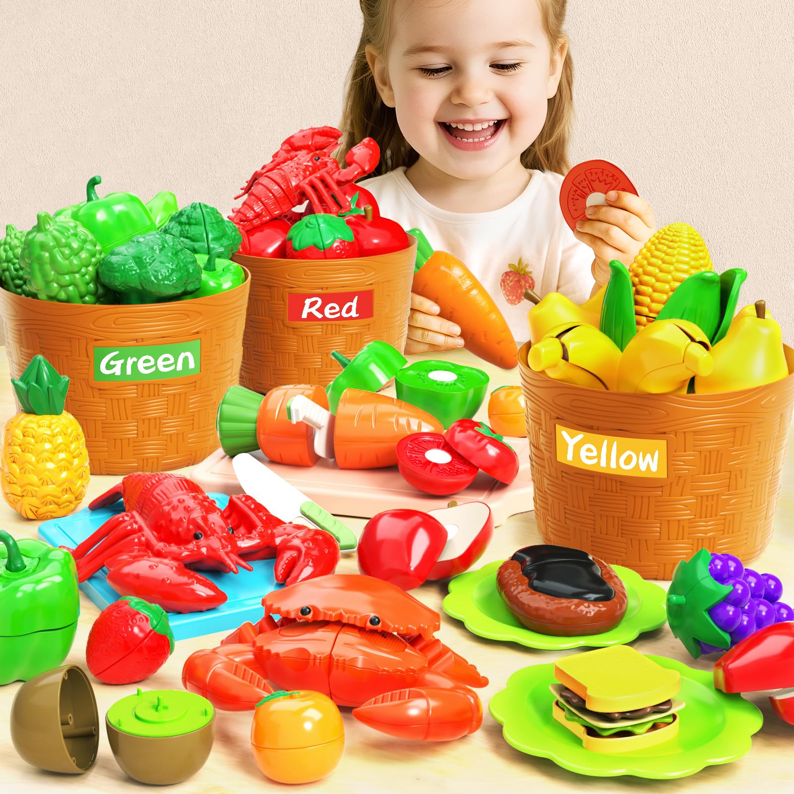 Photo 1 of Toddler Toys Play Food Set, Learning Toy Cutting Food with Color Sorting Basket, Pretend Play Kitchen for Toddler 1-3 Preschool Learning Activities Montessori Toys for 1 2 3 Year Old Toddlers Kids