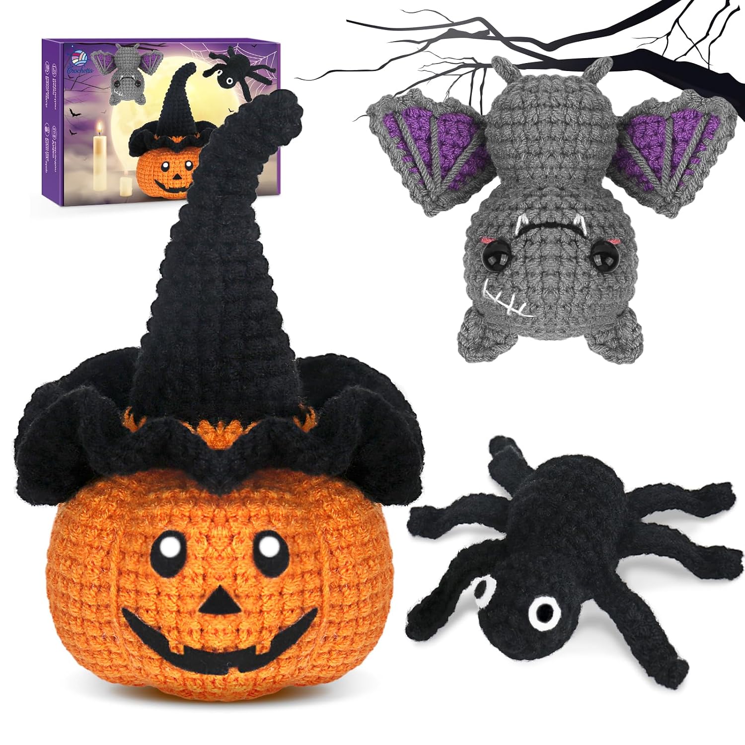 Crochetta Crochet Kit for Beginners, Halloween Decorations, Pumpkin Spider Bat Crochet Animal Kit for Adults and Kids with St