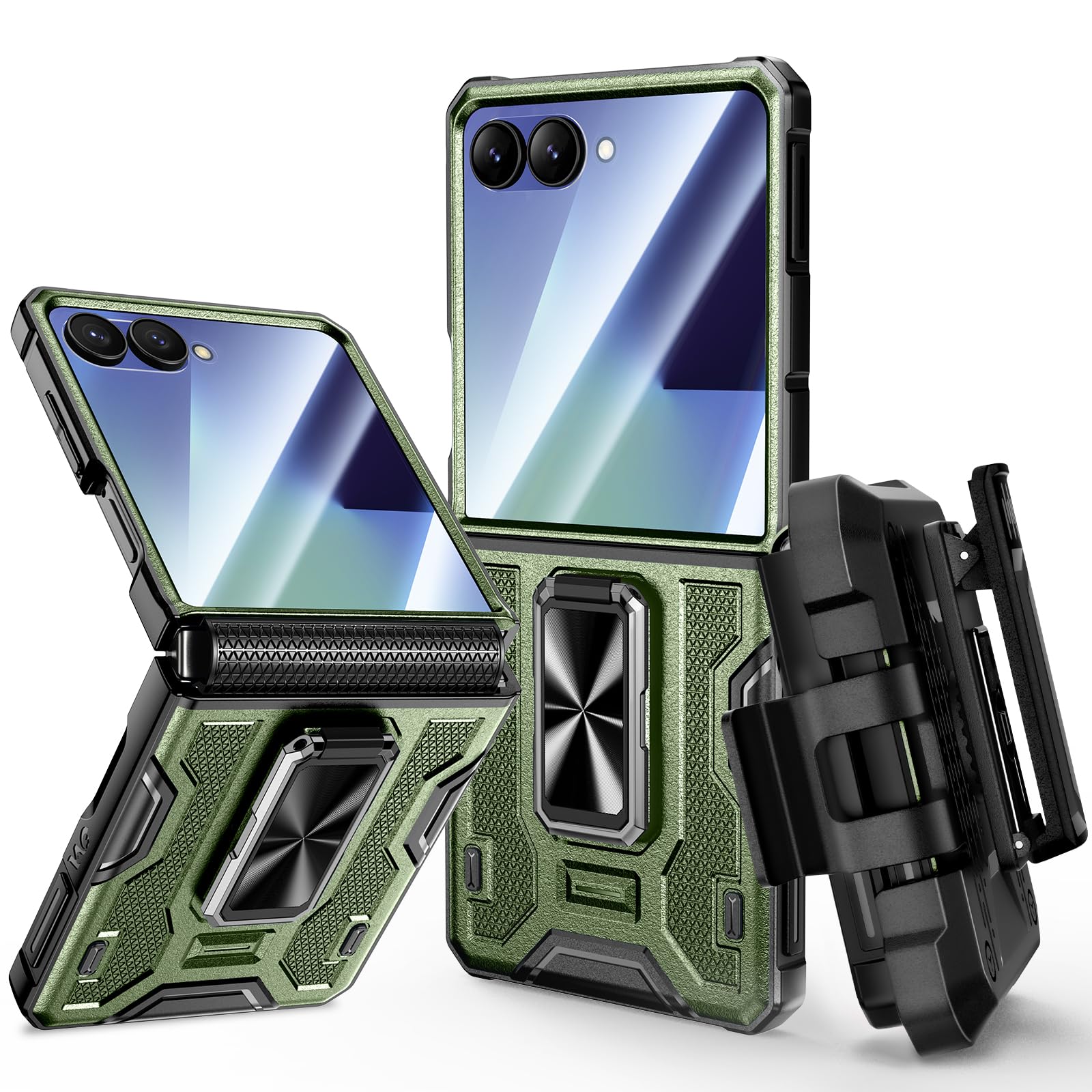Photo 1 of VEGO for Z Flip 7 Case with Hinge Protection, 360° Rotatable Ring Kickstand & Built-in Screen Protector & Belt Clip Holster, Shockproof Cover for Samsung Galaxy Z Flip 7 - Dark Green