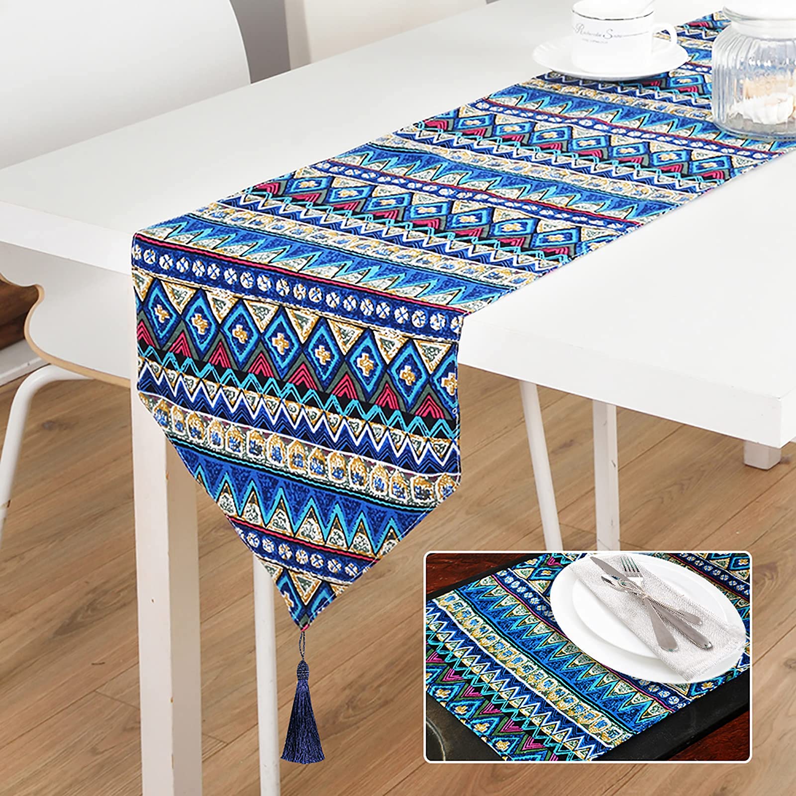 Table Runner Blue Ethnic Indian Style Tapestry For Home Decor