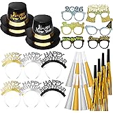 Sratte 36 Pcs 2026 New Year Eve Party Supplies Kit, New Year Eve Party Decorations 4 Colored Hats 6 Eyeglasses 6 Top Tiaras 8 Blowing Horns 12 Squawkers