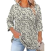 LOMON Plus Size Women Blouses 3/4 Length Sleeve Tops Crewneck Pleated Casual Tees Shirts 1X-5X