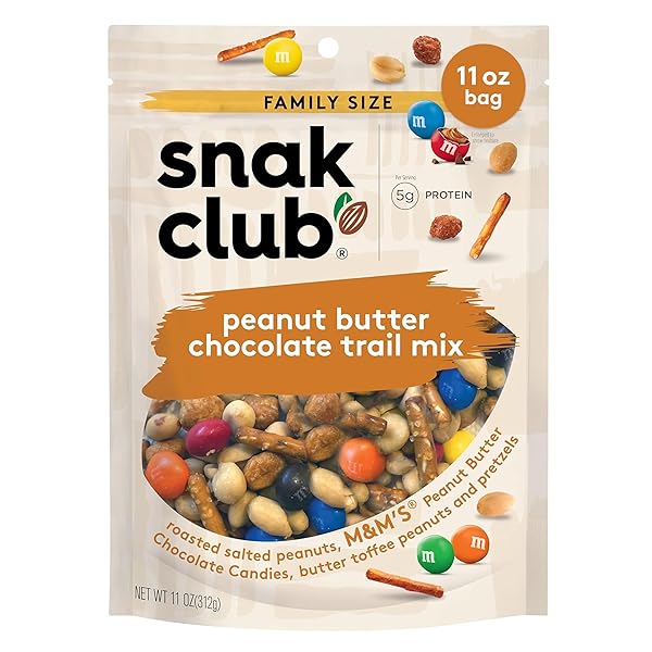 SNAK CLUB PEANUT BUTTER CHOCOLATE TRAIL MIX WITH PEANUTS, PEANUT BUTTER M&M’S, TOFFEE PEANUTS, AND PRETZELS, 11 OZ RESEALABLE BAG