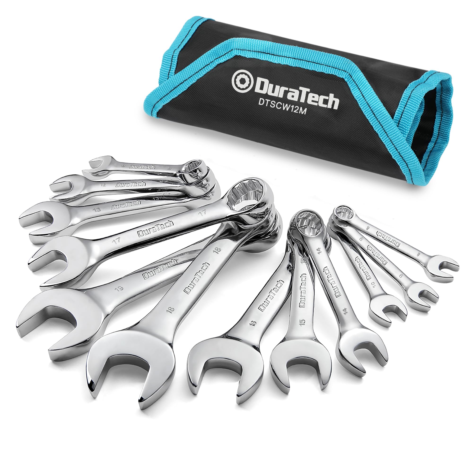 DURATECH 12-Piece Stubby Metric Spanner Set 8-19 mm, Stubby Combination Wrench Set with Open End, Chrome Vanadium Steel, 12-Point, with Carry Pouch