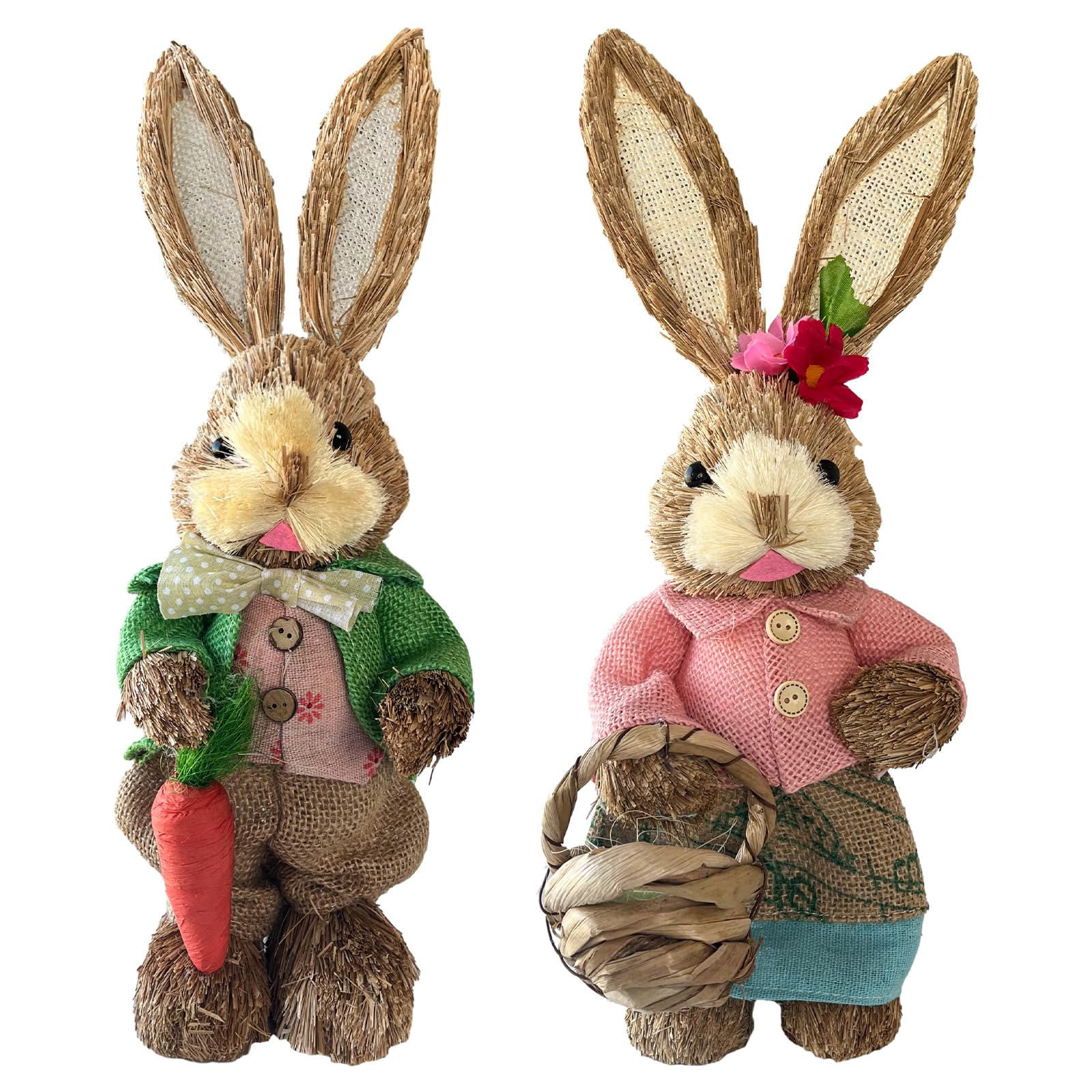 Photo 1 of 2 Pack Easter Standing Bunny Couple Figurines 14" Handmade Straw Bunny Figurine with Carrot Eggs Easter Rabbits Tabletop Statues Cute Rabbit Photo Props Gifts for Office Home Table Garden Spring Decor