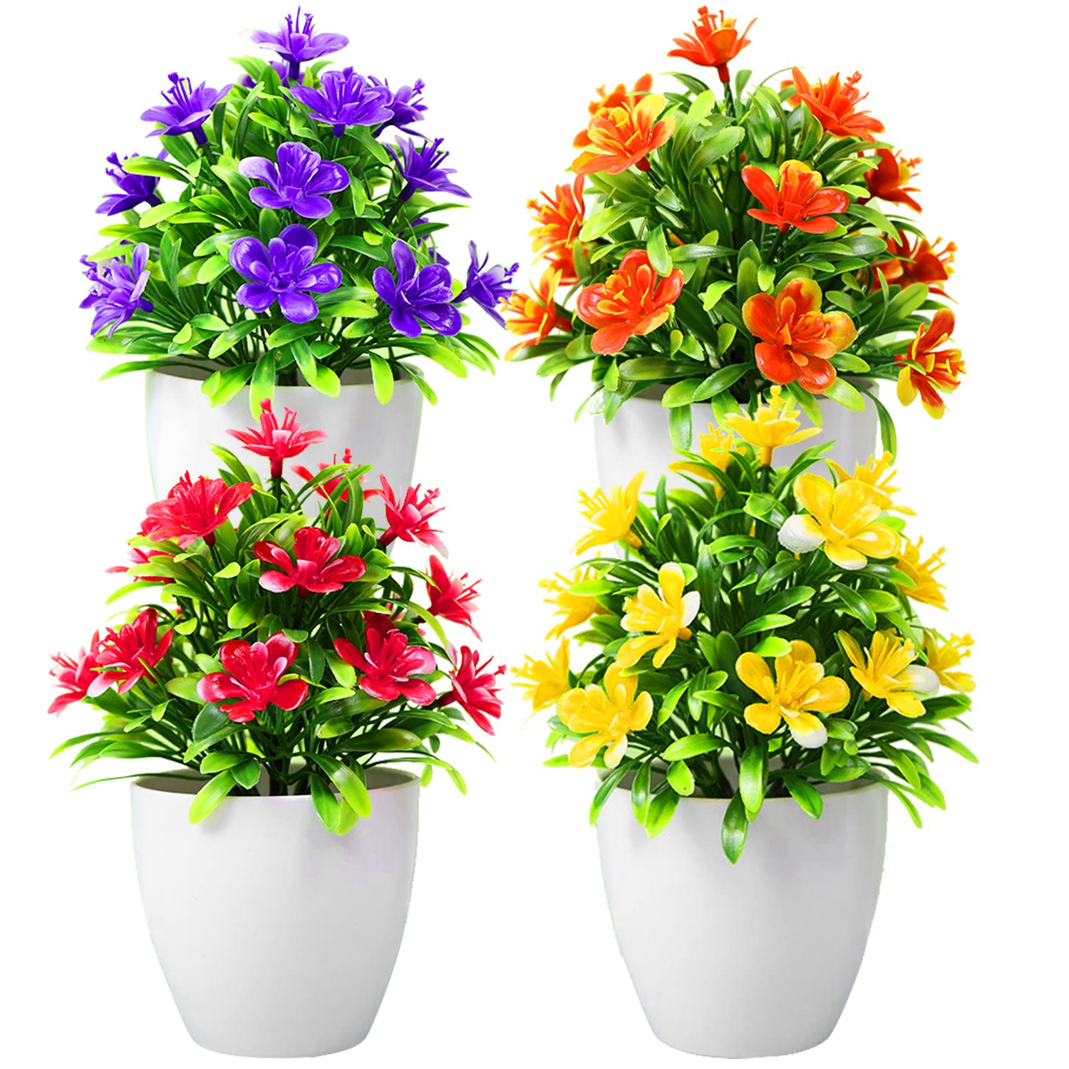 JINXIAN 4 Pcs Artificial Flowers Potted Mini Lifelike Fake Plants With Pot - Plastic Faux Plants for Indoor Outdoor Home Cafes Table Office Desk Decor