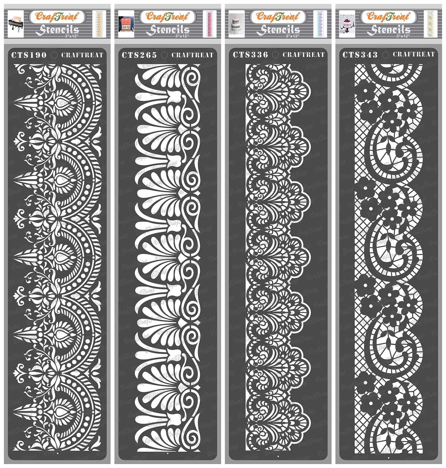 CrafTreat Reusable Border Lace Stencils for painting on Wood, Canvas, Paper, Floor, Wall and Tile - Border IV, Border IX, Lace Border I and Lace Border II - 4 Pcs - 3x12 Inch each - DIY Craft Stencils