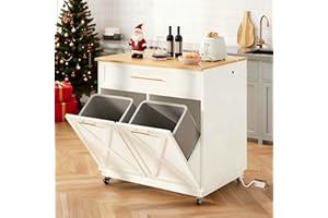 DWVO Kitchen Island with Power Outlet, 40 inch Rolling Island Table with Trash Can Cabinet fits Double 10-Gallon Bin, Square Mobile Storage Islands with Tilt Out Garbage Bin Cabinet, White Oak