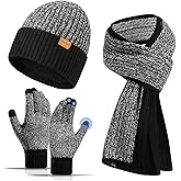 floconssy Men's Winter Hat Scarf Gloves Set, 3 PCS Warm Beanie Long Scarf Fleece Lined Touchscreen Gloves for Cold Weather