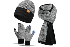 floconssy Men's Winter Hat Scarf Gloves Set, 3 PCS Warm Beanie Long Scarf fleece lined Touchscreen Gloves for Cold Weather
