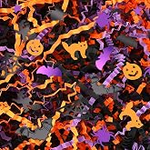 Jansun Halloween Black Orange Purple Crinkle Cut Paper, 4oz Shred Filler | 115g with Pumpkin Spider Bat, for Gift Wrapping, Craft DIY Basket Filling Halloween Candy Decorations