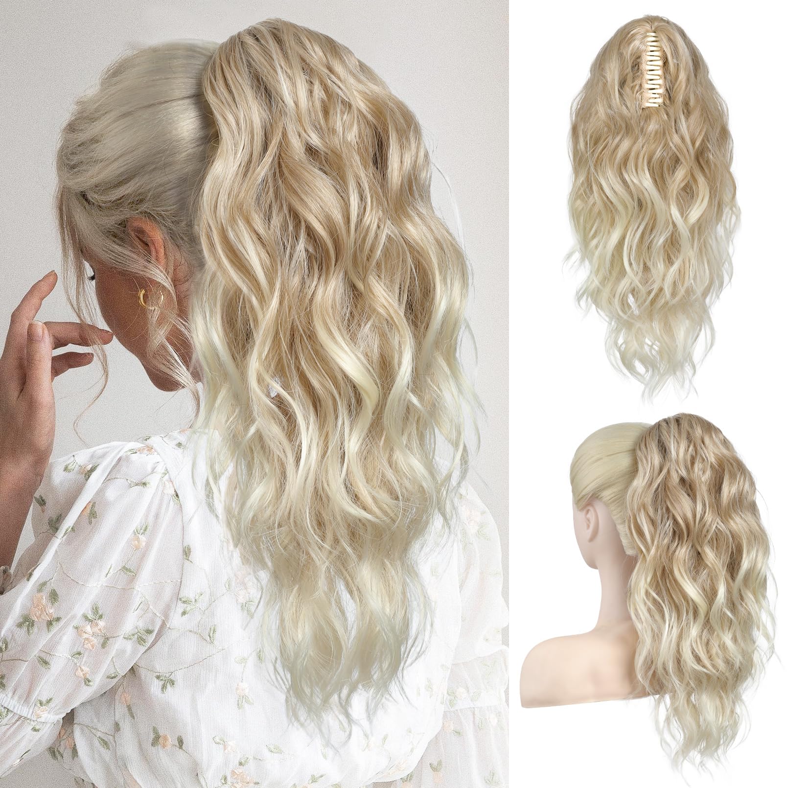 Photo 1 of FLUFYMOOZ Claw Clip Ponytail Hair Extensions, 18 Inch Wavy Curly, Natural Fake Synthetic Hairpiece for Women (Dark Blonde to Light Blonde)