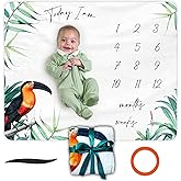 Baby Monthly Milestone Blanket 40x50 Inch Jungle Toucan Theme, Soft Flannel, Includes 2 Milestone Markers & Green Ribbon, Single Side Print, Photo Prop for Newborns, Wrapped in Bow, Gift Ready