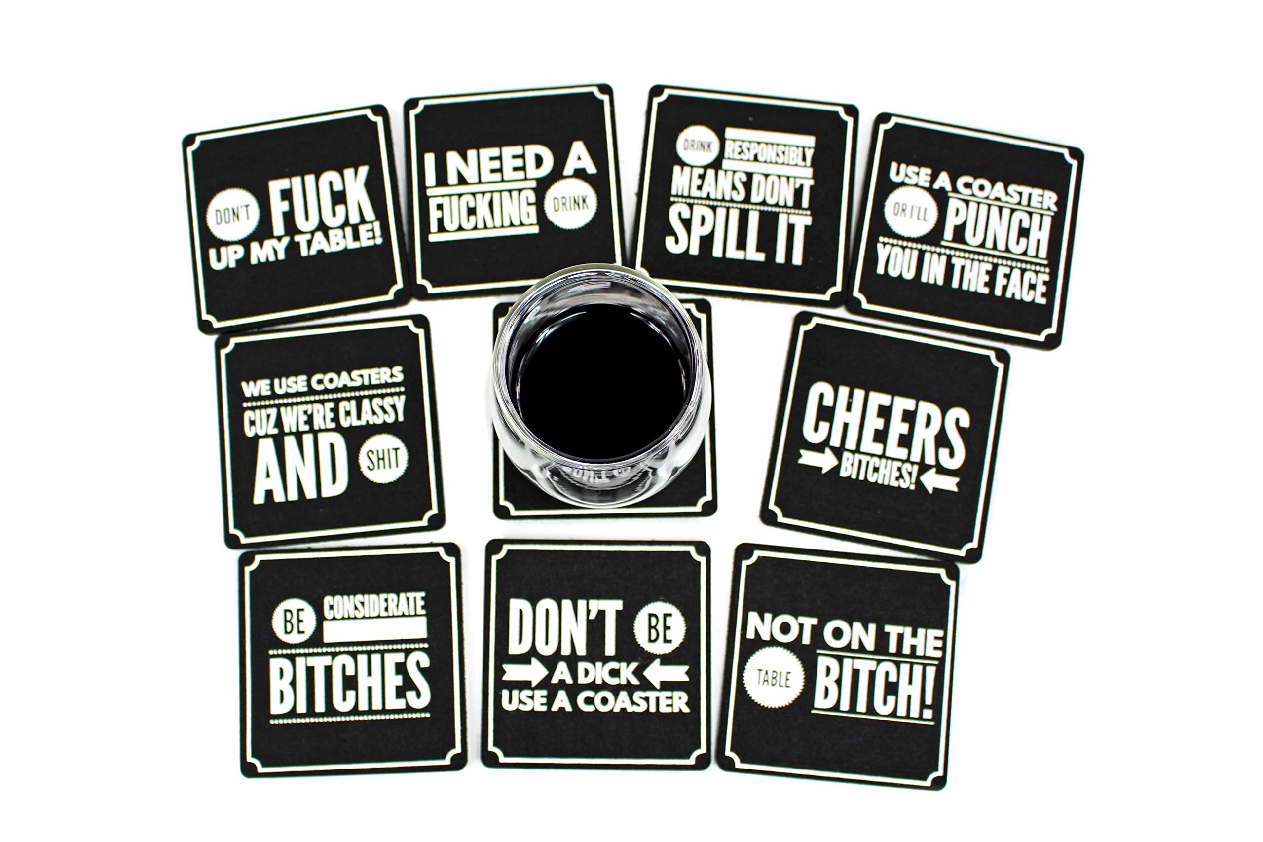 Summit One Funny Coasters for Drinks, Set of 10 (4 x 4 Inch, 5mm Thick) Premium Absorbent Felt Drink Coasters with Hilarious Quotes - Home Decor Gag Gifts for Women, Men - With Coaster Holder