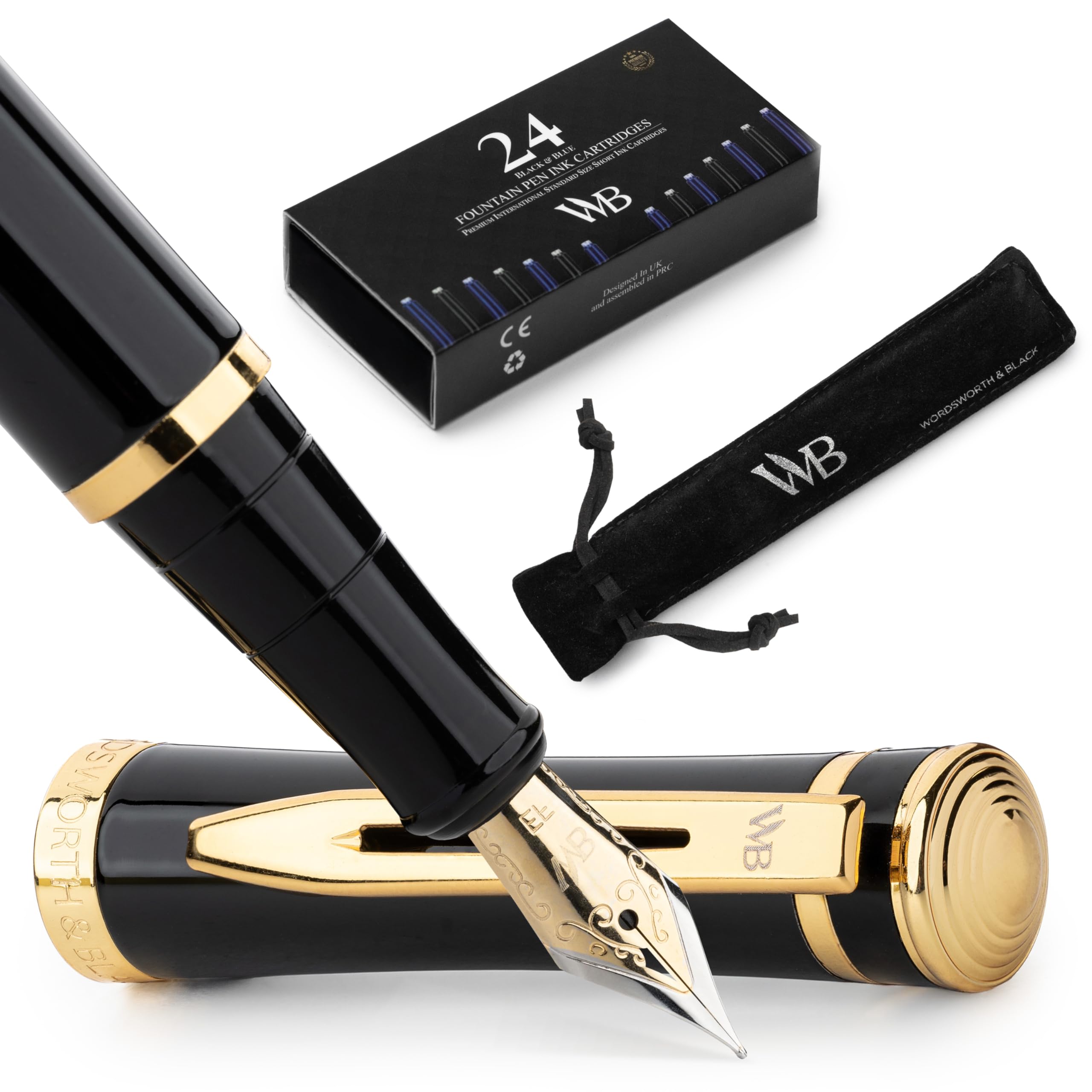Wordsworth & Black Fountain Pen Set, 18K Gilded Extra Fine Nib, Includes 24 Pack Ink Cartridges, Ink Refill Converter & Gift Pouch, Gold Finish, Calligraphy, [Black Gold], Perfect for Men & Women